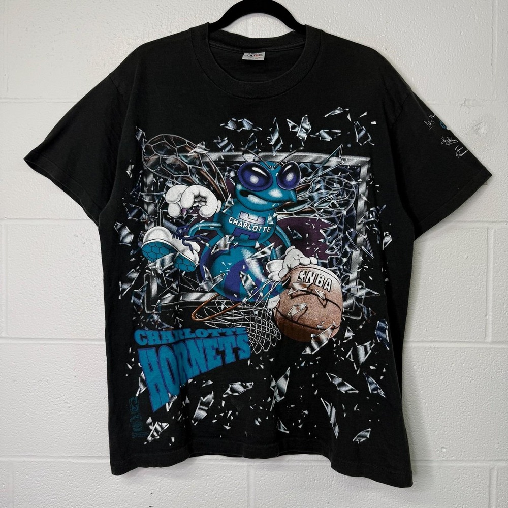 Vintage Charlotte Hornets Shirt Mens Large Black Shattered Backboard Graphic 90s